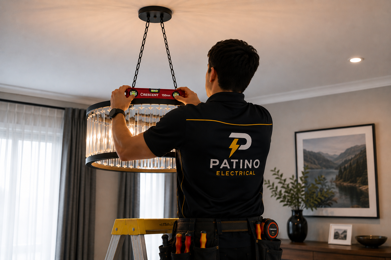 Electrician installing a luxury chandelier in a modern Australian home